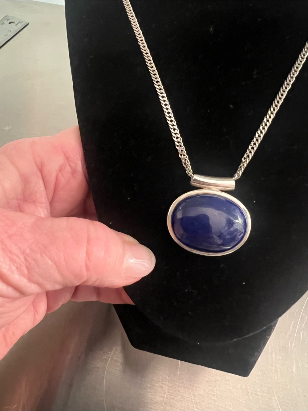 Large Oval Lapis & Sterling Silver Pendant  on 20” Sterling Chain